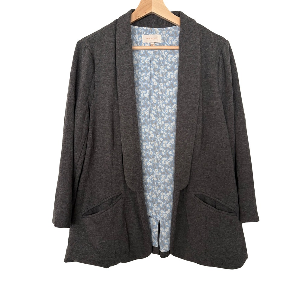 Skies Are Blue Gorpcore Clean Girl Gray Knit Open Front Blazer Floral Lining L